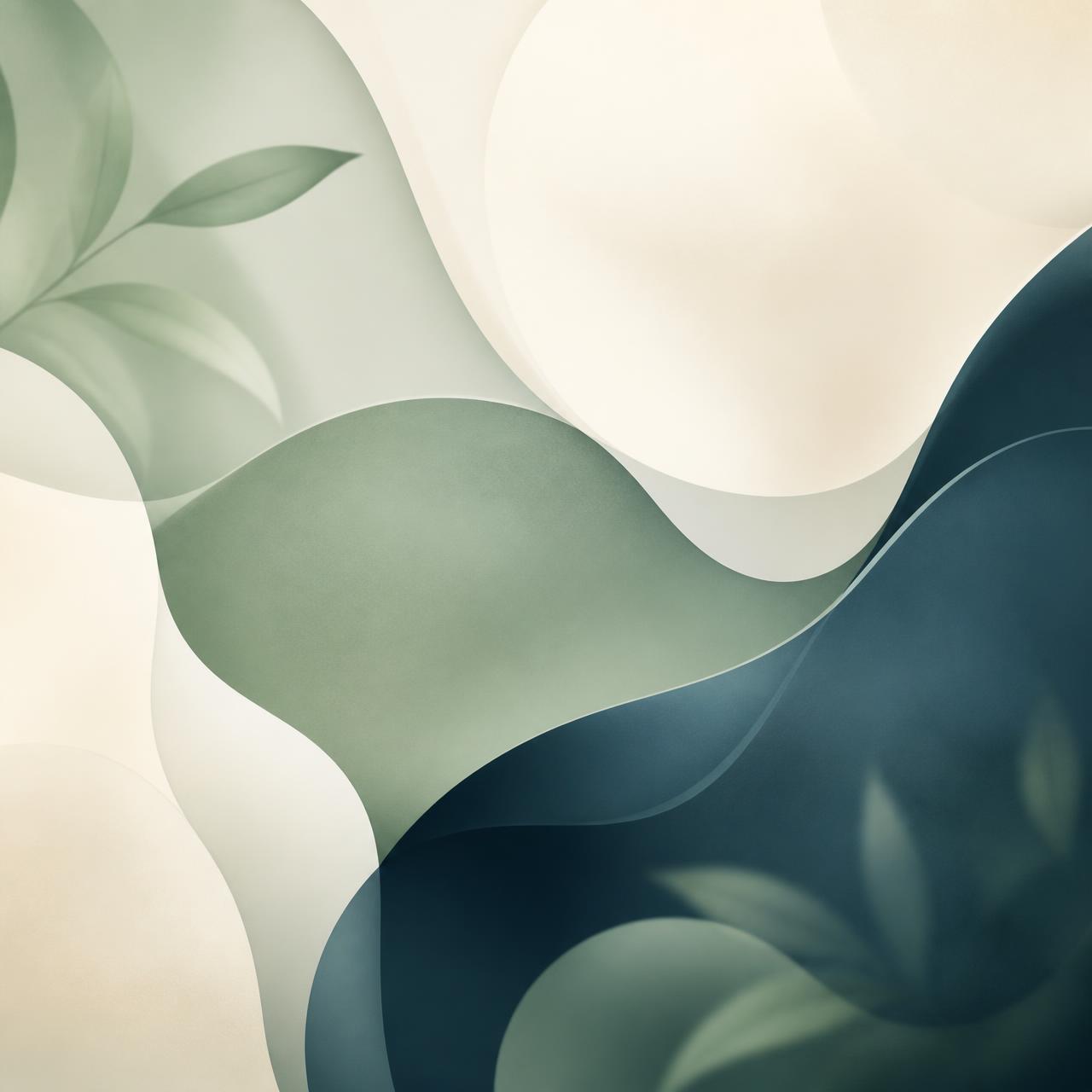 Soft abstract sage green and deep blue organic shapes representing calm, clear AI systems